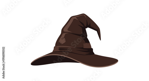 Old crumpled brown witch hat with fabric patches isolated on a plain white background.