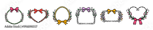 Romantic floral wreath frames with bows and delicate garlands hand drawn colorful decorative borders isolated on white for wedding and greeting design. Vector illustration