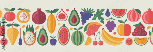 Seamless Fruit Pattern Banner Illustration with Fresh Organic Tropical Fruits and Berries