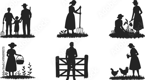 Silhouettes of people gardening and tending to farm animals in a rural setting farming