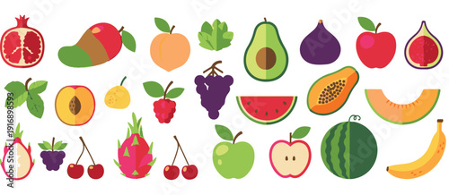 Flat Vector Fruit Icon Set with Fresh Organic Tropical Fruits and Berries Collection