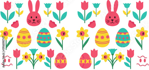 Easter holiday vector icon collection. Includes bunny, decorated eggs, tulips, daffodils, and flower elements. Created in flat style with pink, yellow, and teal color palette.