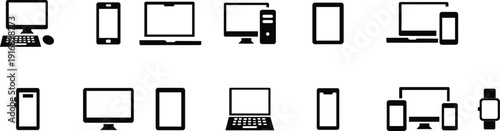 Device icons set. Smartphone, laptop, desktop computer, tablet, smartwatch, mobile phone, keyboard and mouse - stock vector .isolated on transparent background