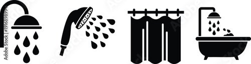 Black and white bathroom including shower head with water drops faucet bathtub and shower curtain bathroom black and white