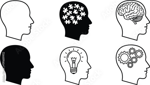 Black and white human head silhouettes with brain and thought symbols puzzle pieces light bulb