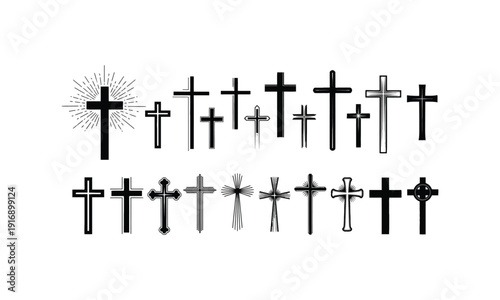 Diverse Christian Crosses Black Silhouette Vector Icon Set for Religious Design