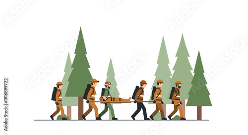 A line of rescue workers in uniform carries an injured person on a stretcher through a forest with tall green trees.