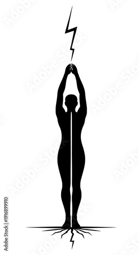 Minimalist Standing Yoga Silhouette Channeling Lightning Bolt for Energy and Manifestation

