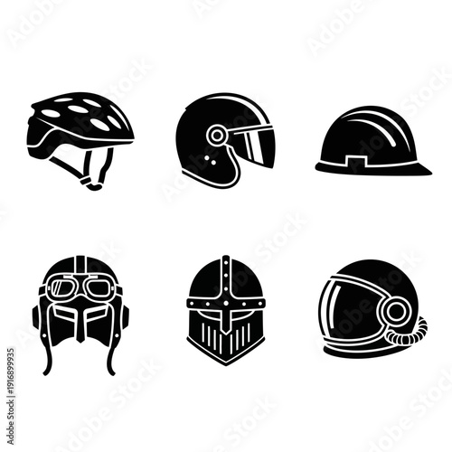 Collection of diverse helmet icons: cycling, motorcycle, construction, pilot, knight, astronaut