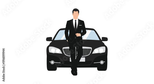 A man in a black suit stands in front of a luxury black car, posing with his hand in his jacket pocket.
