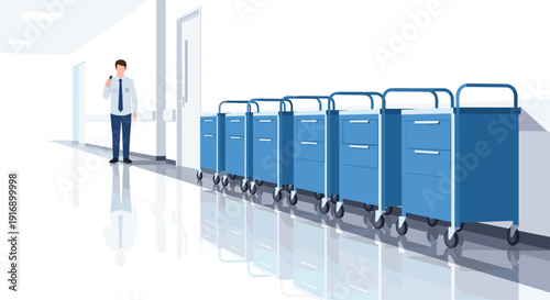 A doctor in a white coat and blue shirt stands in a hospital hallway with a row of blue medical carts.