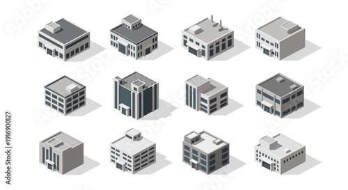 Collection of isometric 3D building icons representing different types of architecture for urban design and construction projects