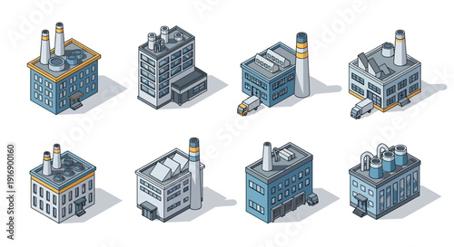 Collection of isometric industrial buildings and factories with trucks, representing industry and manufacturing sectors