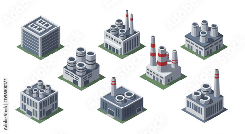A Collection of Modern Industrial Factory Buildings and Power Plants with Smokestacks in an Isometric Perspective