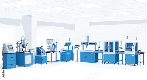 An automated production line with various blue and white industrial machines operates within a clean factory setting.