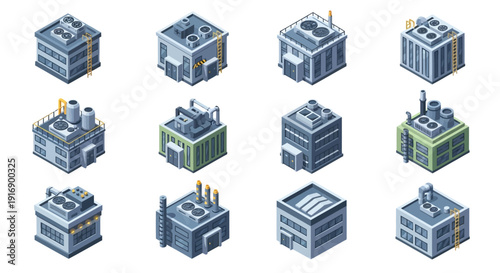 Collection of Isometric Pixel Art Buildings Representing Industrial and Commercial Structures