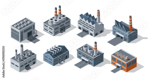 Set of isometric industrial factory buildings and production plants, representing manufacturing and industry
