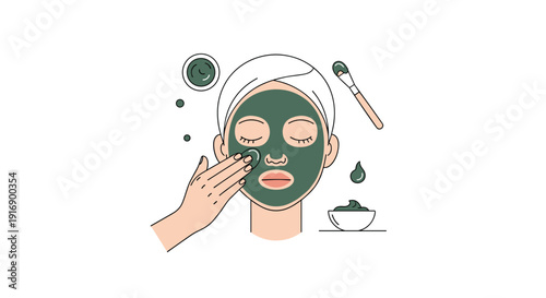 A woman with a towel on her head applies a green clay face mask to her skin as part of her beauty routine.