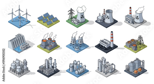 Collection of isometric industrial buildings and renewable energy sources, representing various sectors of modern industry