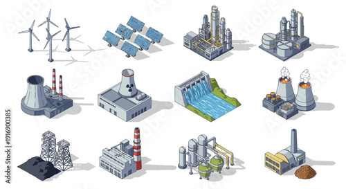 Collection of Renewable and Non-Renewable Energy Power Plant Illustrations