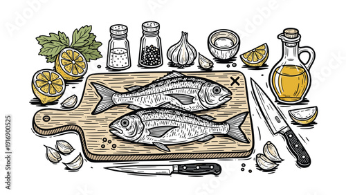 Detailed line art illustration of fresh fish on a wooden cutting board is surrounded by culinary ingredients like garlic, lemons, and olive oil.