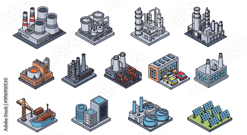 Collection of isometric industrial buildings and structures, representing various factories and power plants