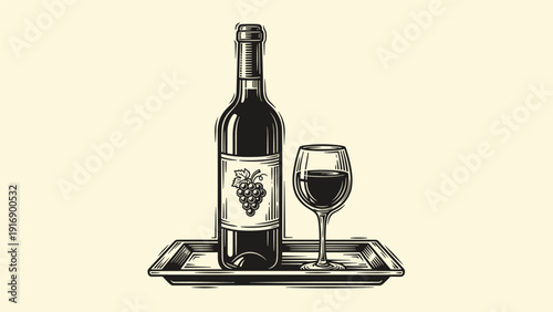 Classic engraving style illustration depicts a bottle of red wine and a half-filled glass sitting elegantly on a dark serving tray.