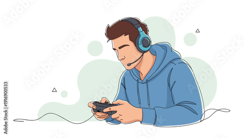Young male gamer wearing a blue hoodie and professional headset is fully immersed in playing a video game using a handheld controller.