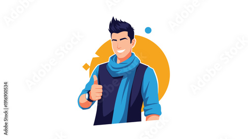 Cheerful man wearing a stylish blue scarf and vest gives a confident thumbs up gesture against a decorative yellow circular backdrop.