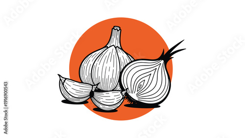 Hand-drawn artistic illustration features a whole garlic bulb and a sliced red onion set against a vibrant orange circular background.