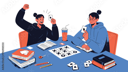 Two female friends enjoy a fun game night at home, playing cards and tic-tac-toe while surrounded by books and drinks on a blue table.