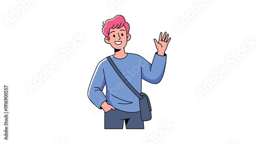 Friendly young man with pink hair and a blue sweater waves his hand in a welcoming greeting gesture while carrying a shoulder bag.