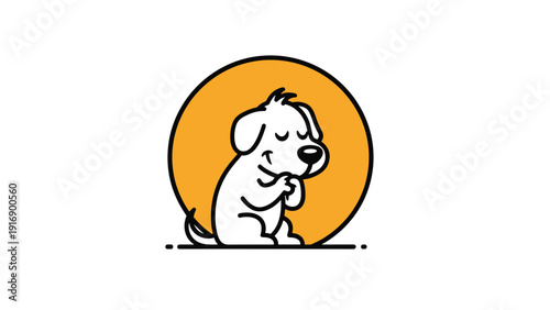Adorable white cartoon dog with closed eyes sits peacefully in a praying or sleeping pose against a warm golden sun background.