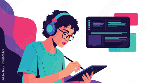 Creative young woman wearing glasses and headphones works on digital art using a stylus and tablet with code interface in background.