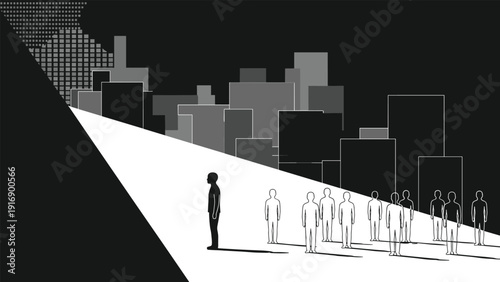 Dramatic black and white illustration shows a man standing in a beam of light on a city street, with ghostly silhouettes behind him.