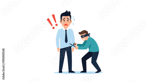 Cartoon illustration depicts a masked thief secretly using scissors to cut a businessman's pocket to steal money in a public place.