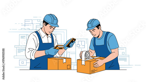 Two warehouse workers in blue uniforms and hard hats are busy scanning items and taping boxes for shipment in a large logistics facility.