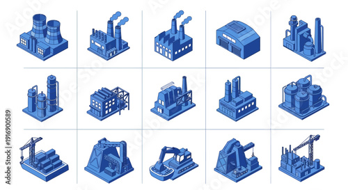 Isometric industrial buildings and construction sites set for urban development and manufacturing
