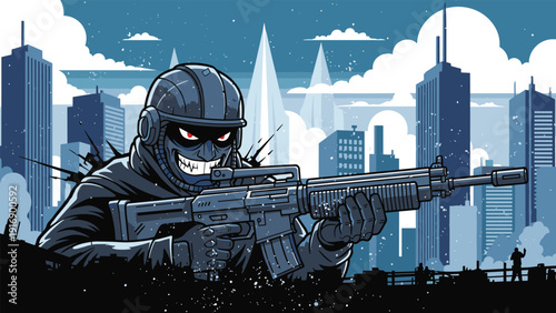 Menacing soldier wearing a tactical helmet and mask holds a large rifle against the backdrop of a blue-toned futuristic skyscraper city.