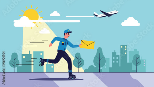 Mail carrier on roller skates delivers letter quickly through a sunny city landscape with skyscrapers and an airplane.