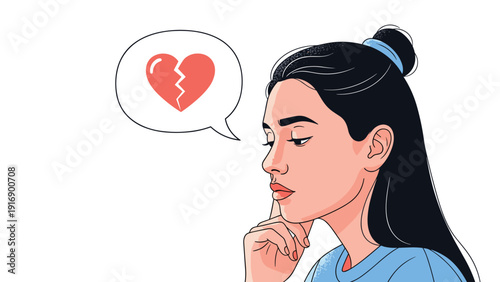 Melancholic young woman looks away pensively, thinking about a broken heart icon in a speech bubble, representing heartbreak and sadness.