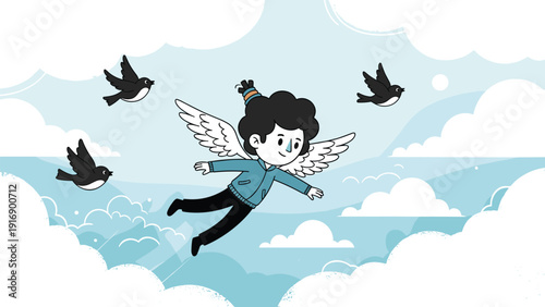 Boy with wings flying gracefully through a soft blue sky filled with white clouds and black birds in an ethereal dreamscape.