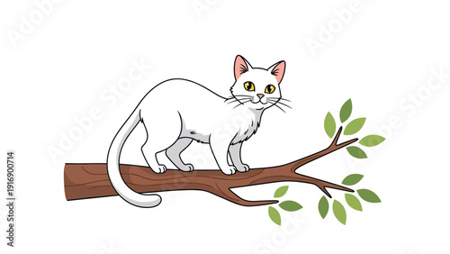 Graceful white cat with bright yellow eyes is climbing along a sturdy tree branch with green leaves on a white background.