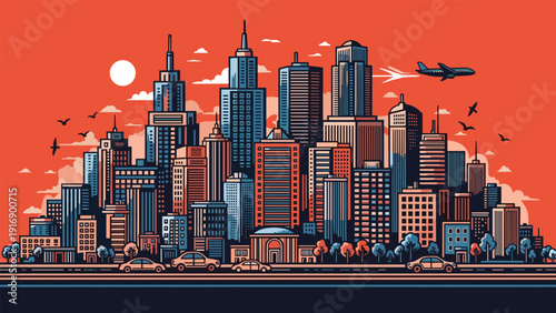 Colorful urban city skyline features numerous skyscrapers, cars on a busy road, and a plane flying through the sky at sunset.