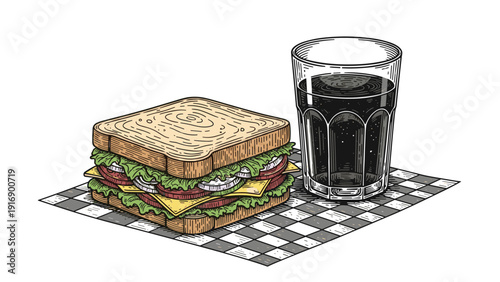 Detailed illustration of a multi layer sandwich with lettuce and tomato served on a checkered cloth next to a glass of dark soda.