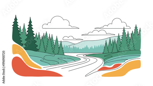 Stylized mountain landscape with a winding road passing through a dense pine forest under a cloudy sky in muted colors.