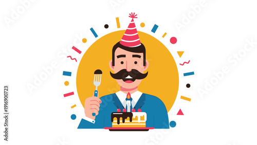 Happy man wearing a party hat and holding a fork celebrates with a chocolate cake against a yellow sunburst background with confetti.