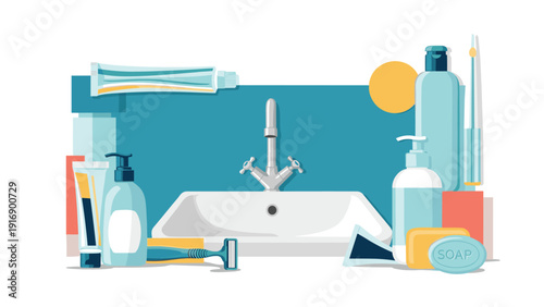 Clean bathroom vanity area featuring a white ceramic sink, mirror, and various grooming products like toothpaste, soap, and razor.