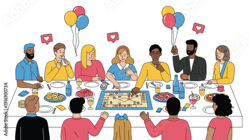 Diverse group of friends sitting around a large table and enjoying a fun board game night with snacks, drinks, and balloons.