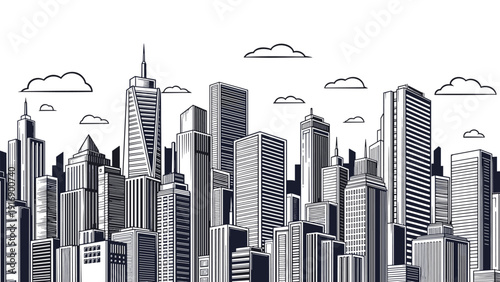 Detailed black and white architectural sketch of a dense city skyline with numerous skyscrapers and office buildings under a cloudy sky.